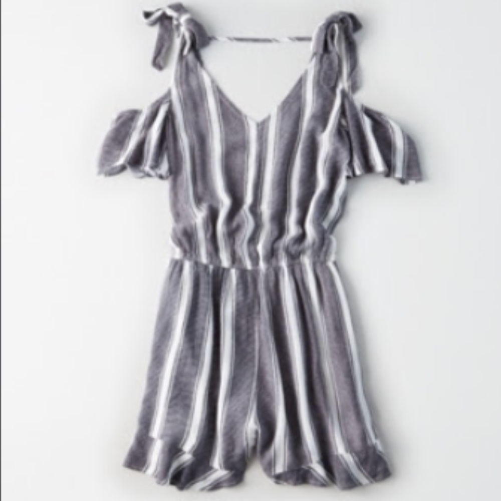 American Eagle Grey and White Striped Romper